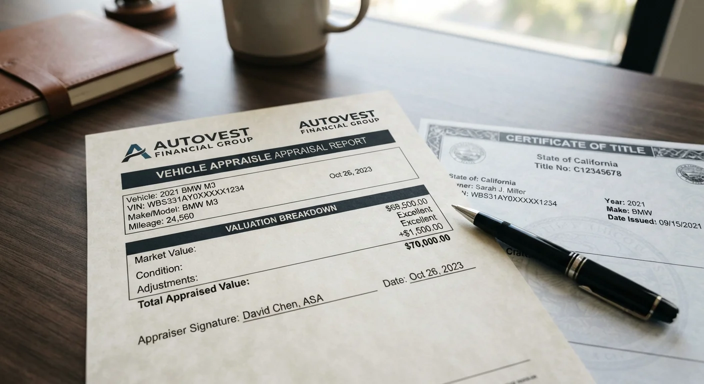 Car appraisal document on a desk beside a vehicle title and a pen, representing insurance valuation.