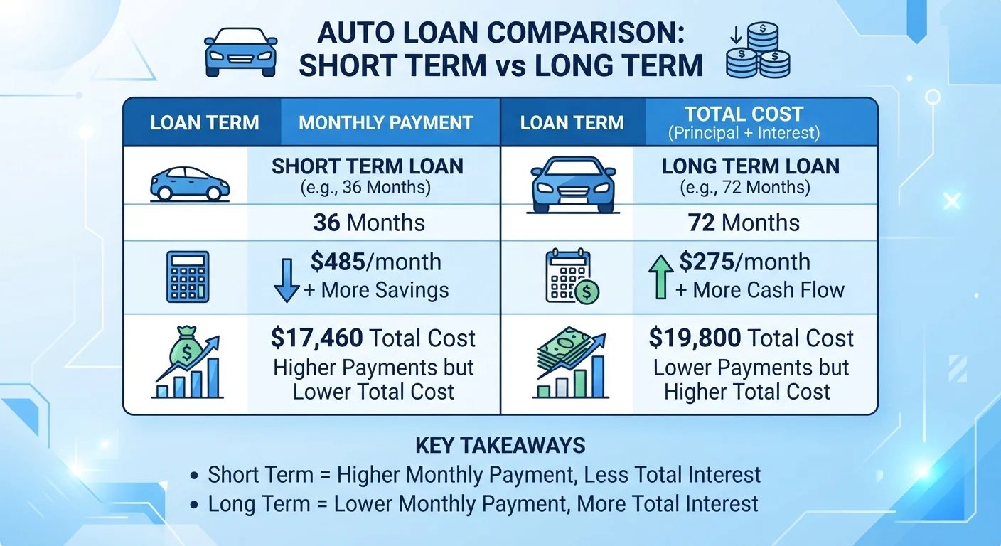 Side-by-side comparison graphic of short-term versus long-term auto loan costs