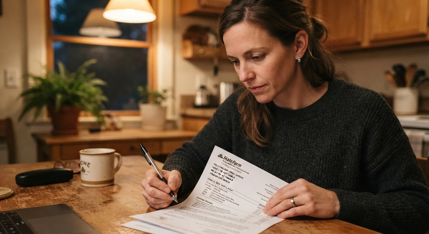 Person carefully reviewing an auto insurance renewal document at home