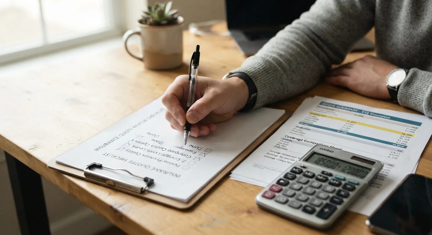 Hand writing notes on a checklist next to printed insurance quotes and a calculator on a desk