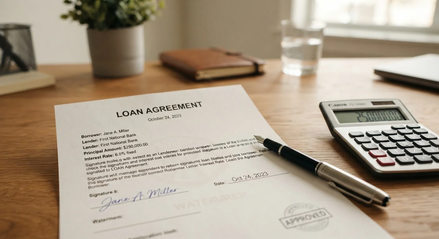 A loan agreement document on a desk with a pen and calculator ready for review