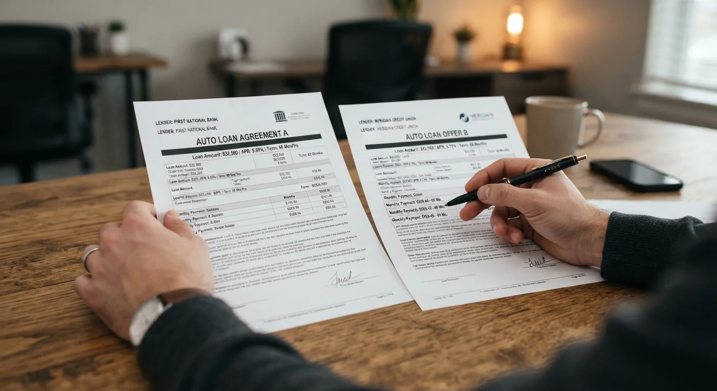 Hands comparing two auto loan offer documents side by side on a desk with a pen