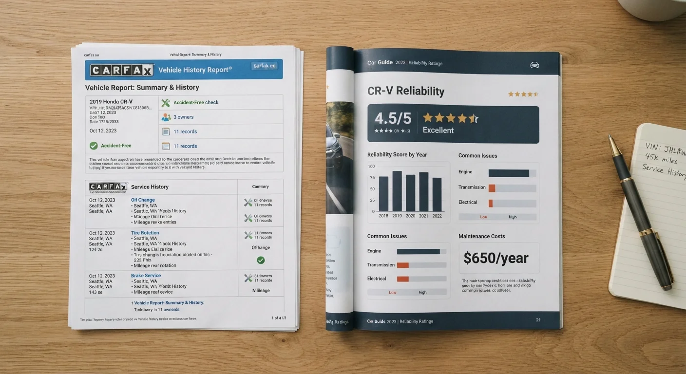 Vehicle history report and reliability guide placed side by side on a table for comparison