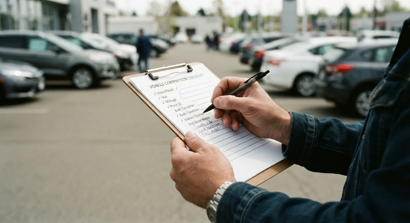 Person holding a vehicle comparison checklist with parked cars in the background on a sunny day