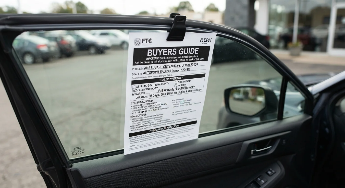 FTC Buyers Guide form attached to a used car window showing as-is checkbox marked