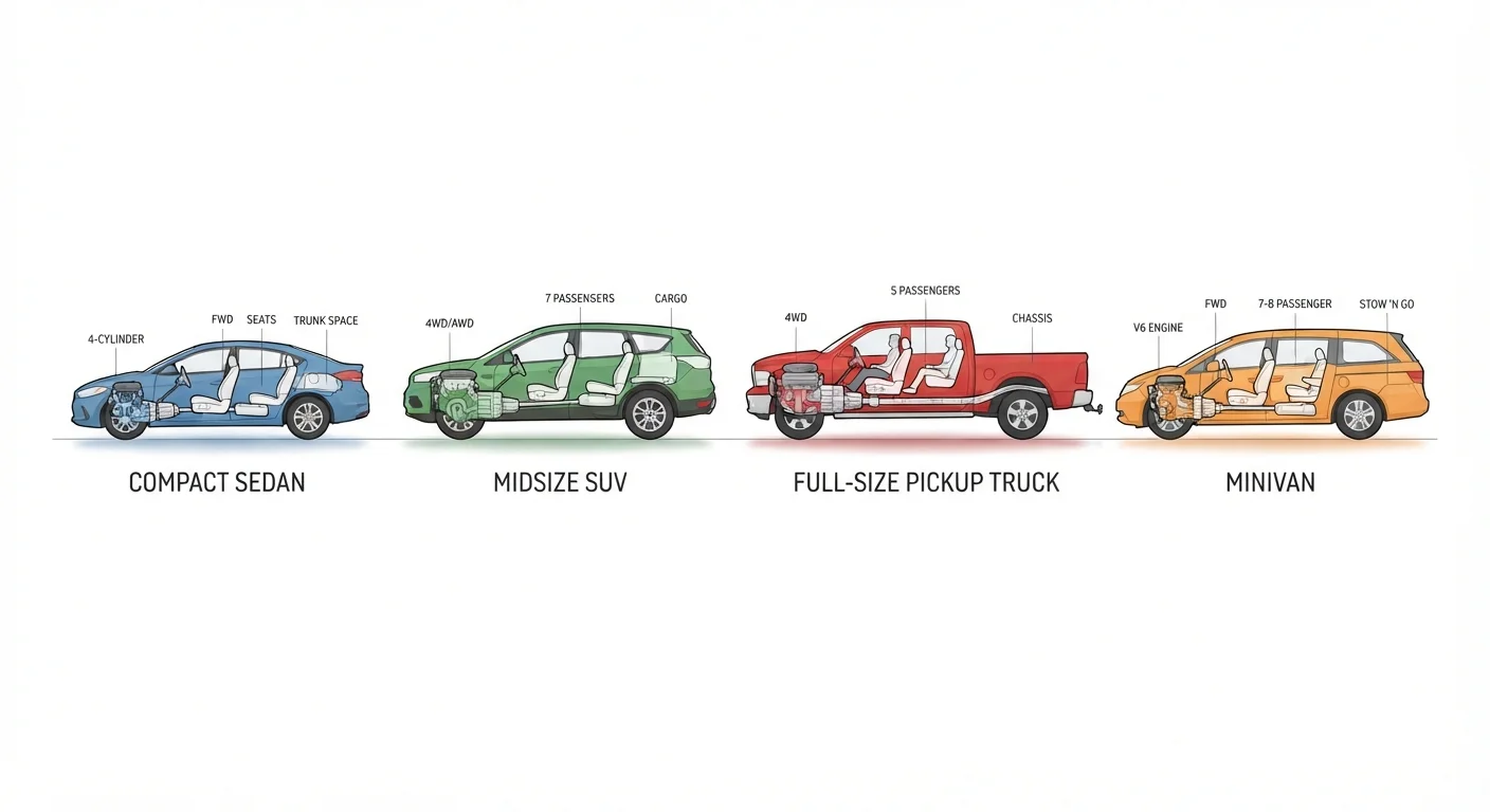 Side-by-side silhouettes of a sedan, SUV, pickup truck, and minivan illustrating major vehicle segments
