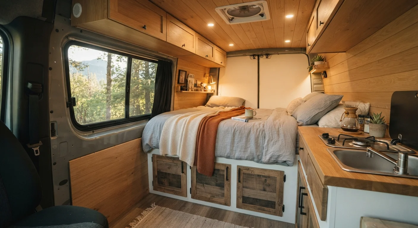 Inside a conversion van showing a bed platform, cabinets, and a window letting in natural light.
