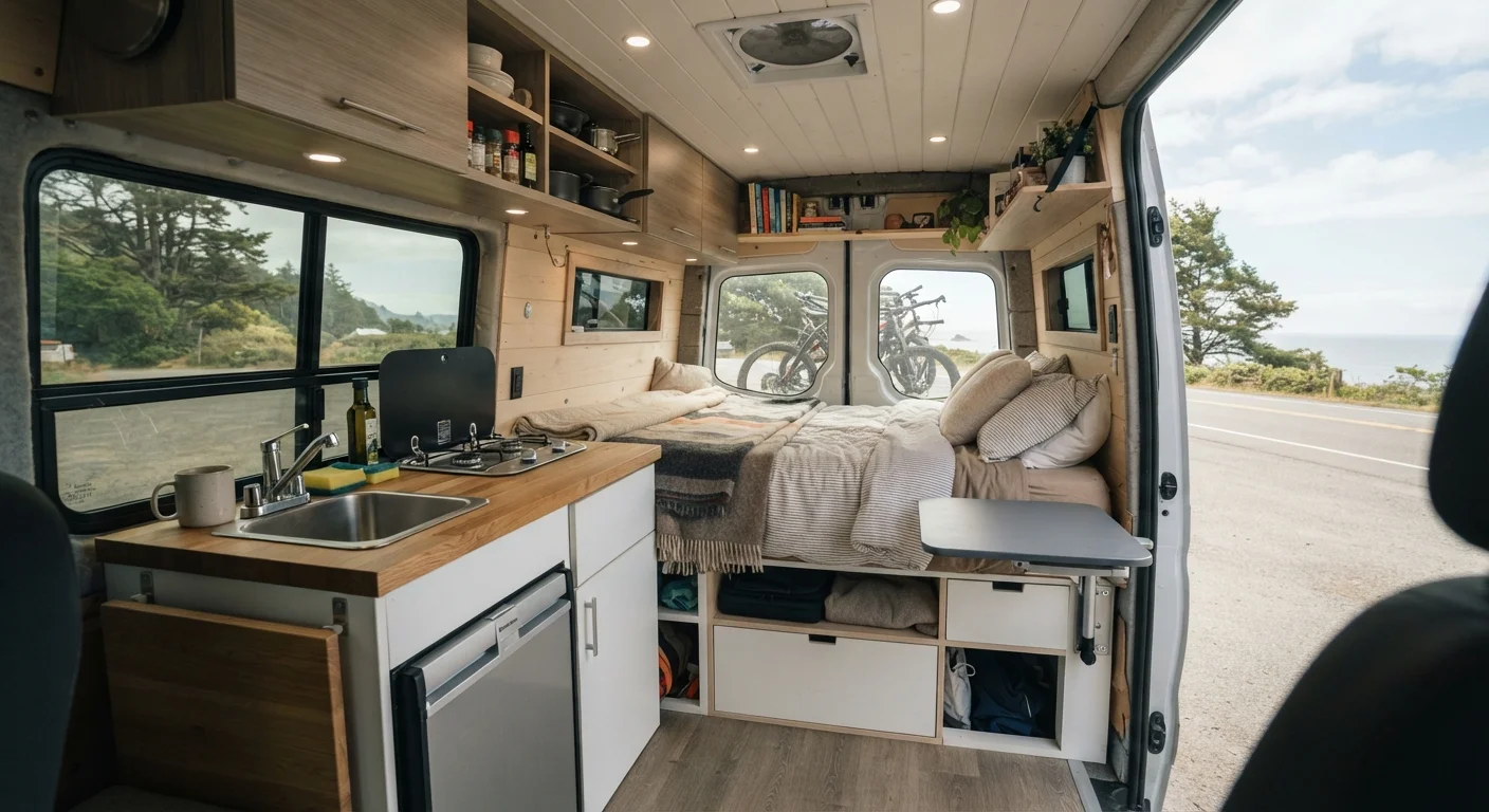 Compact Class B camper van interior with kitchenette, fold-out bed, and overhead storage