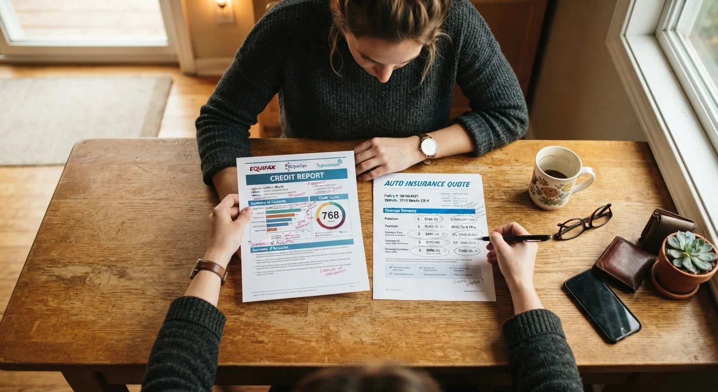 Person reviewing a credit report alongside an auto insurance premium quote document