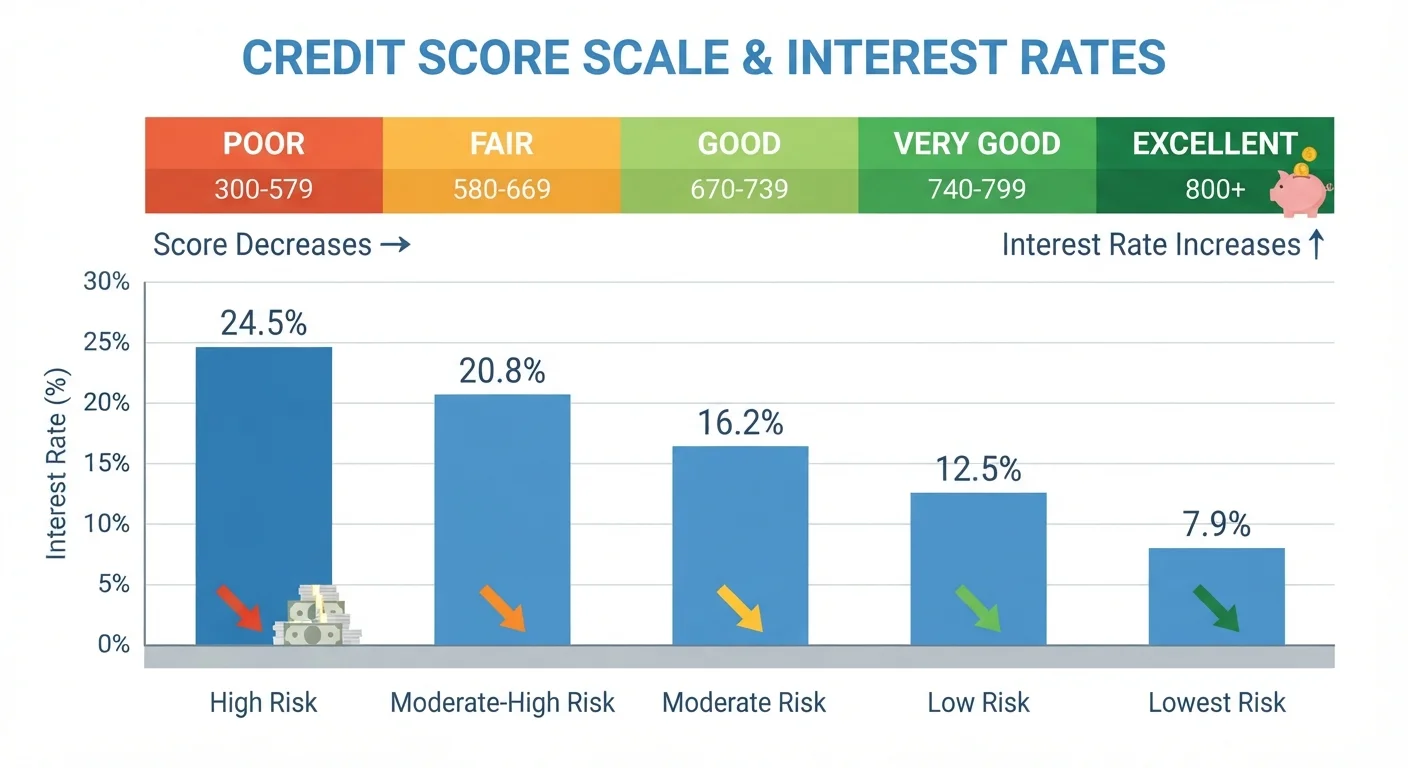 Infographic showing credit score tiers from poor to excellent alongside corresponding auto loan interest rate ranges