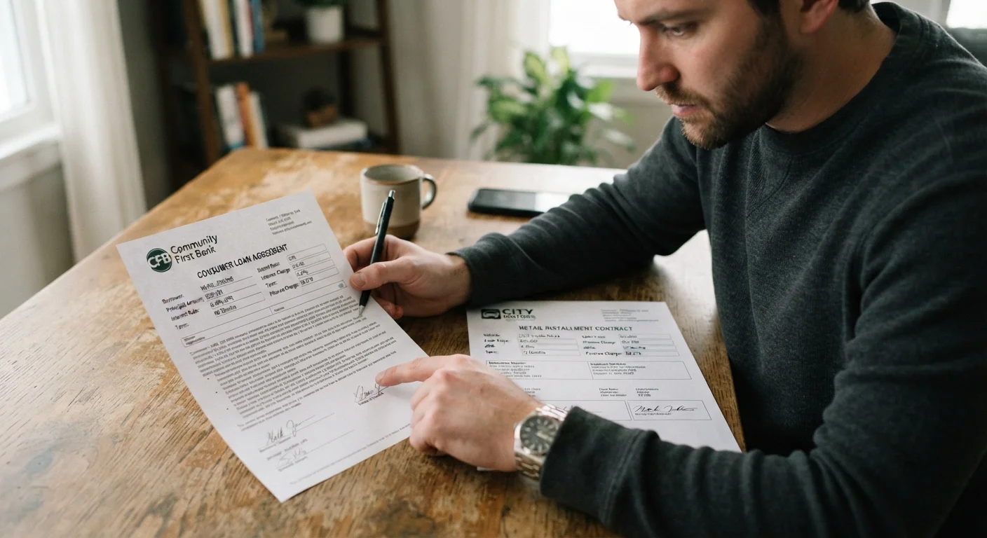 Person comparing two auto loan offer documents, one from a dealership and one from a bank.