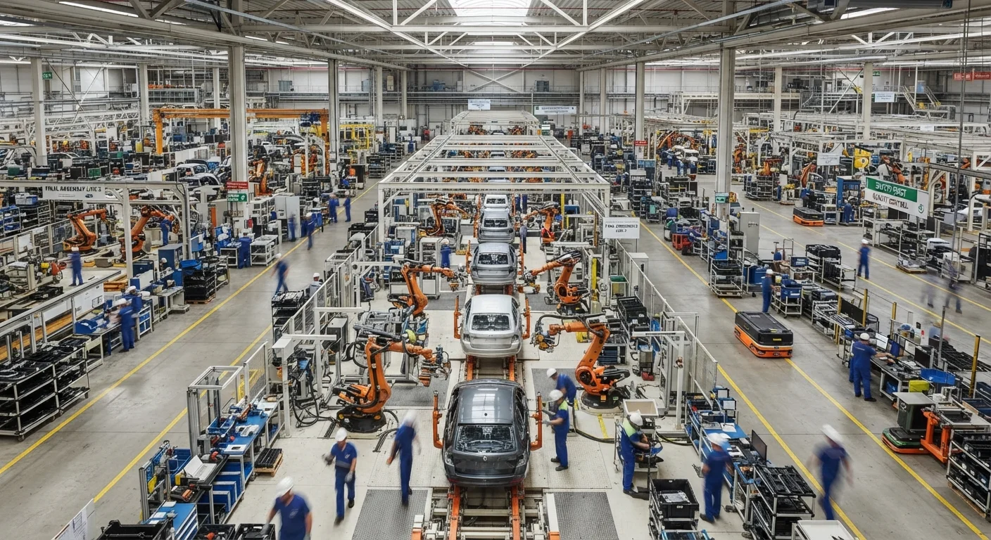Aerial view of a vehicle assembly line inside a large automotive manufacturing plant