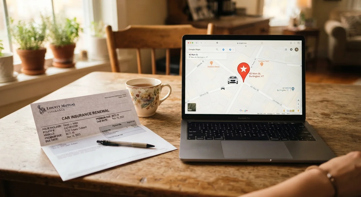 Auto insurance renewal notice on a table next to a laptop displaying a location change map