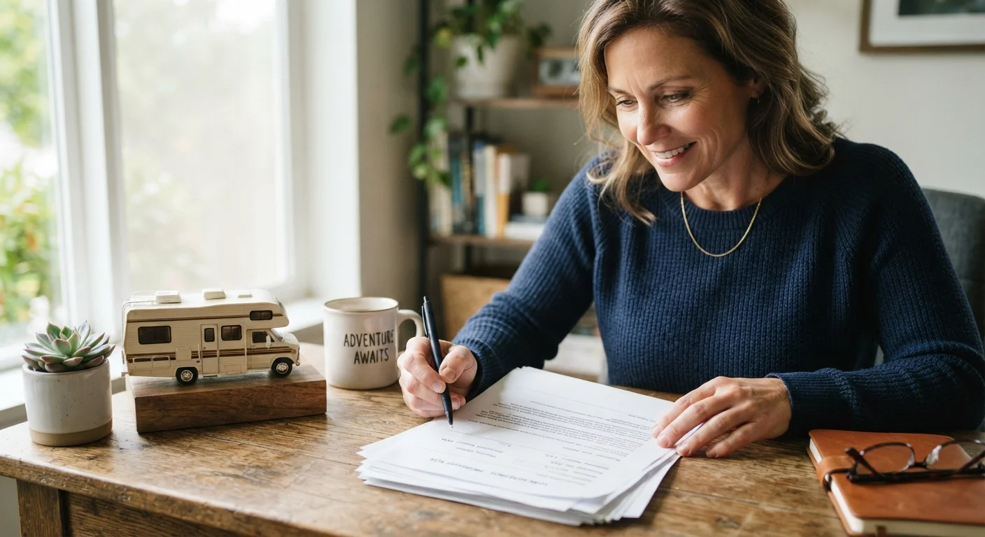 Person reviewing RV loan paperwork at a desk with a small recreational vehicle model beside them
