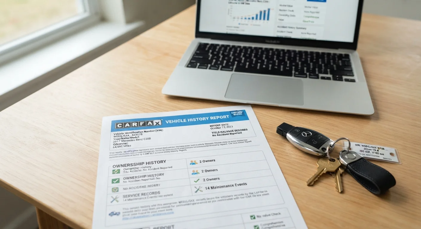 A printed vehicle history report beside car keys and a laptop displaying online car research