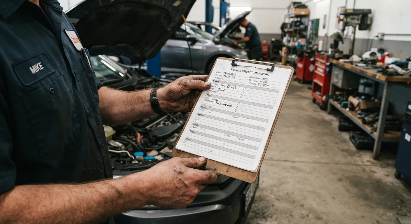 Mechanic holding a printed pre-purchase inspection report on a clipboard next to an open car hood