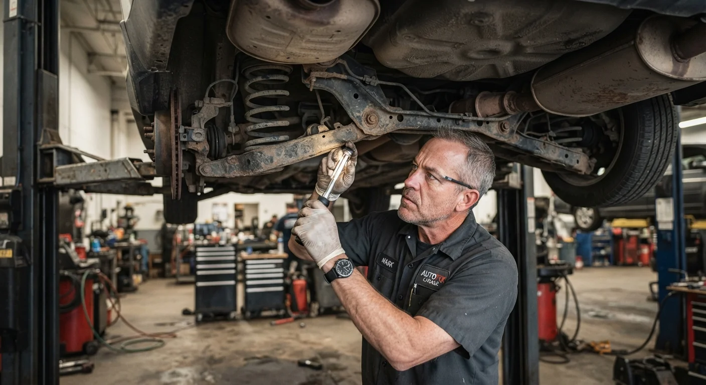 A mechanic inspecting the underside of a used car raised on a lift in an auto workshop