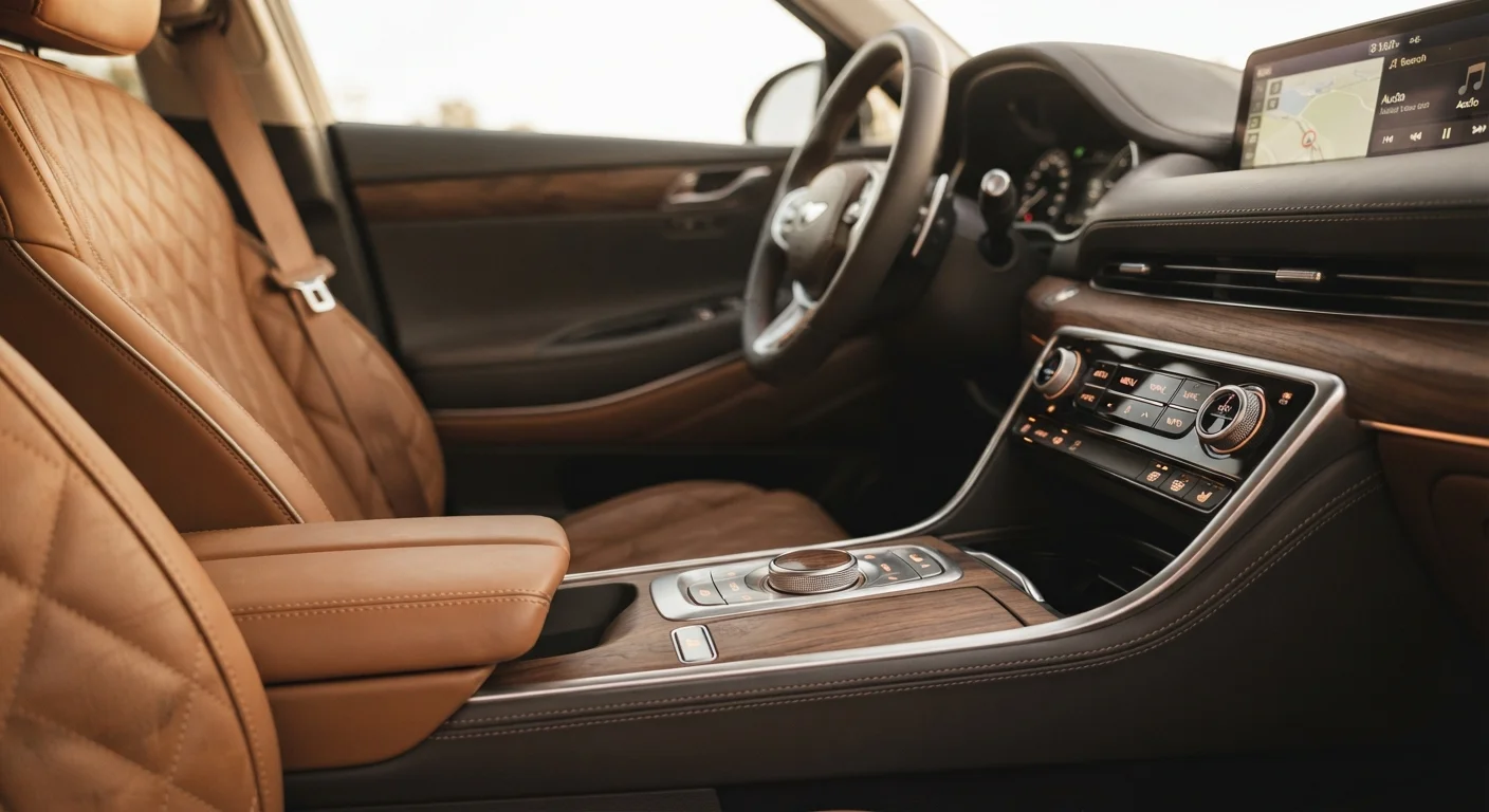 Stitched leather seats and wood-trim dashboard inside a luxury vehicle interior