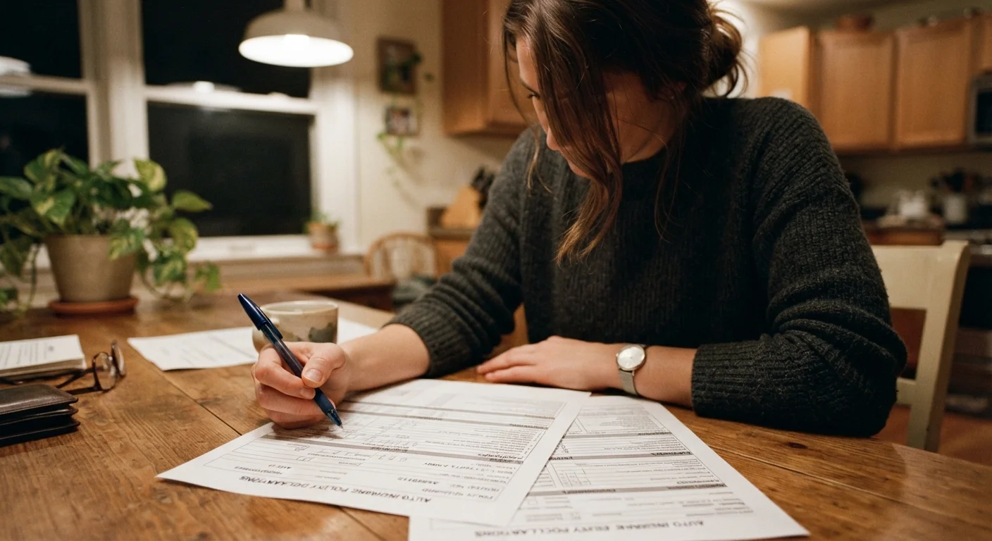 Person reviewing an auto insurance policy document at a kitchen table with a pen