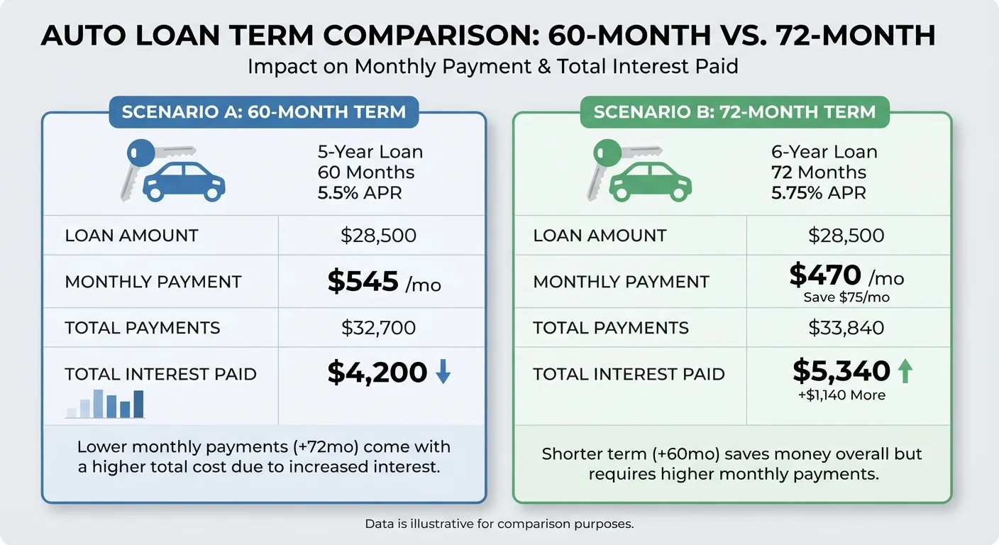 Side-by-side comparison table showing 48-month and 72-month auto loan totals with different interest costs
