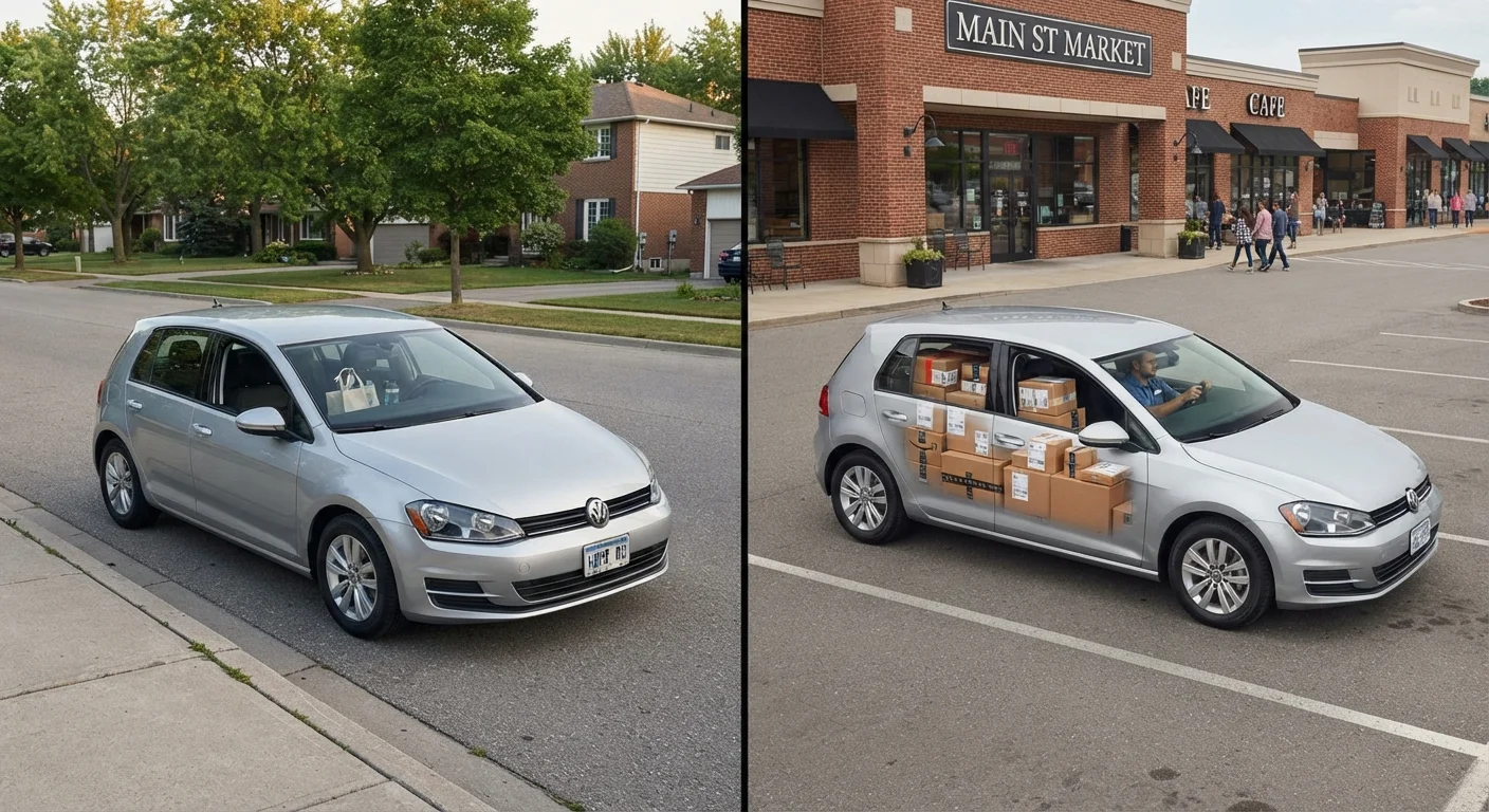 Side-by-side comparison of a personal vehicle and the same vehicle loaded with delivery packages for work