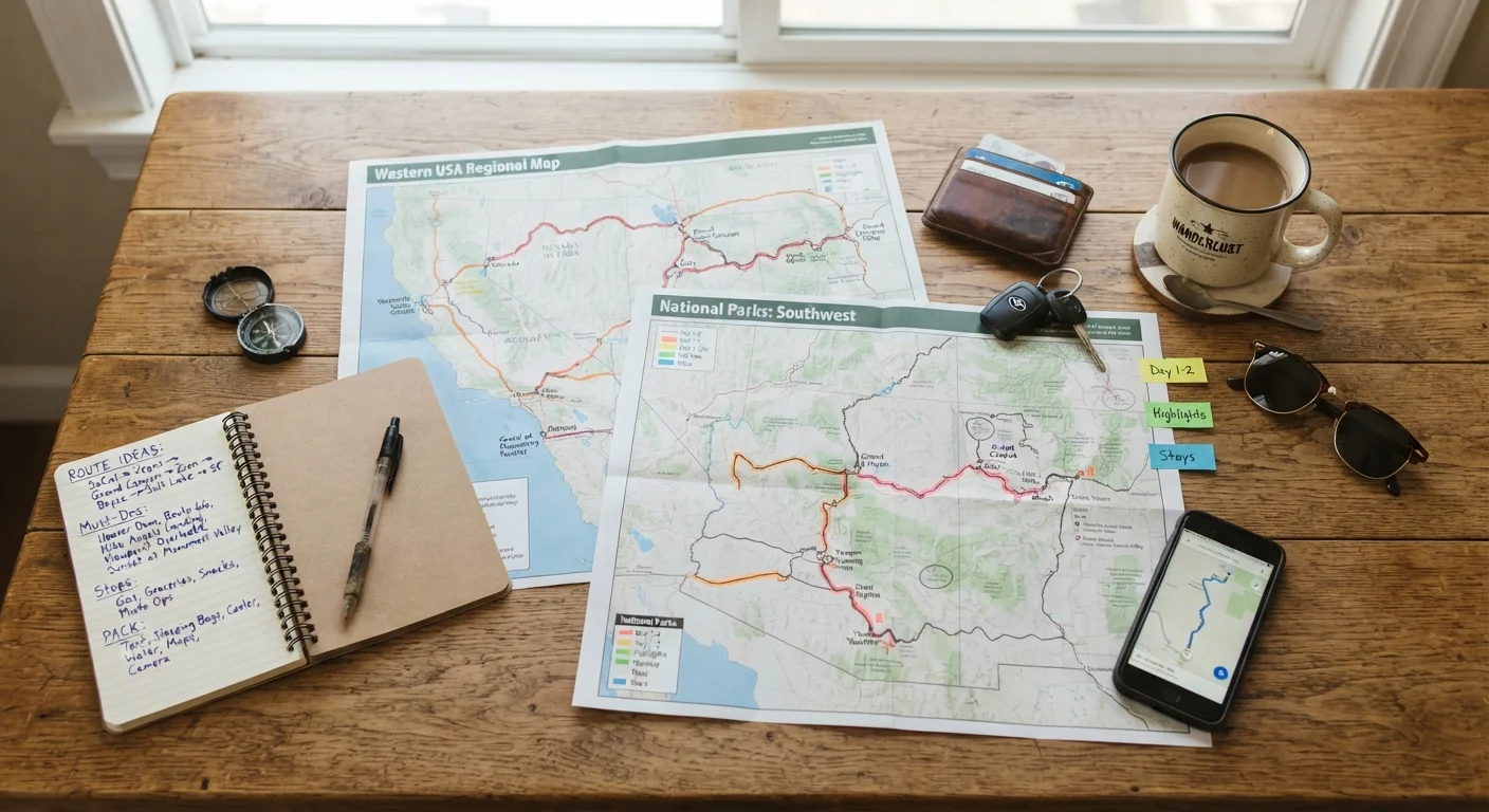 Overhead view of road trip planning materials including paper maps, a notebook with notes, and a pen