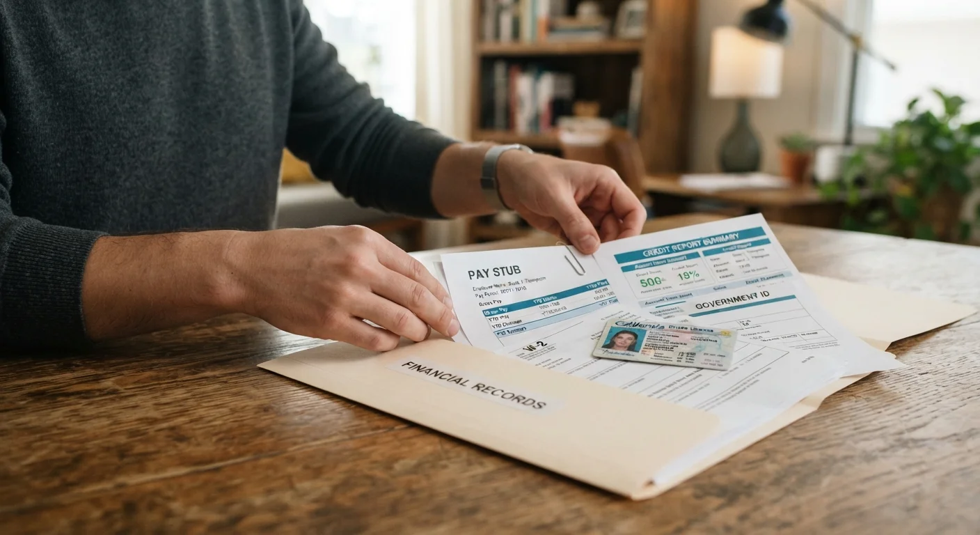 Hands organizing financial documents including pay stubs, credit report, and ID on a desk.