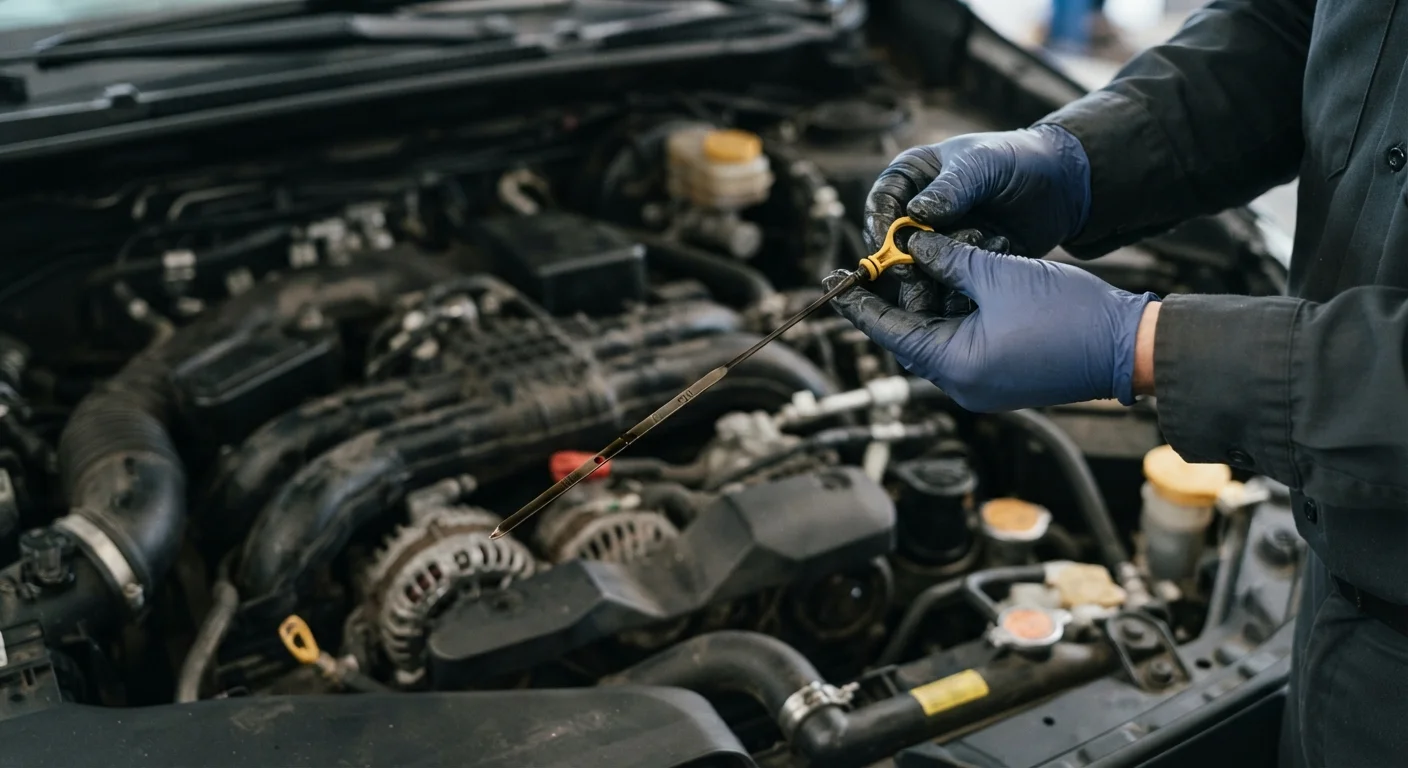 Gloved hand pulling an engine oil dipstick to check fluid level and condition in an engine bay.