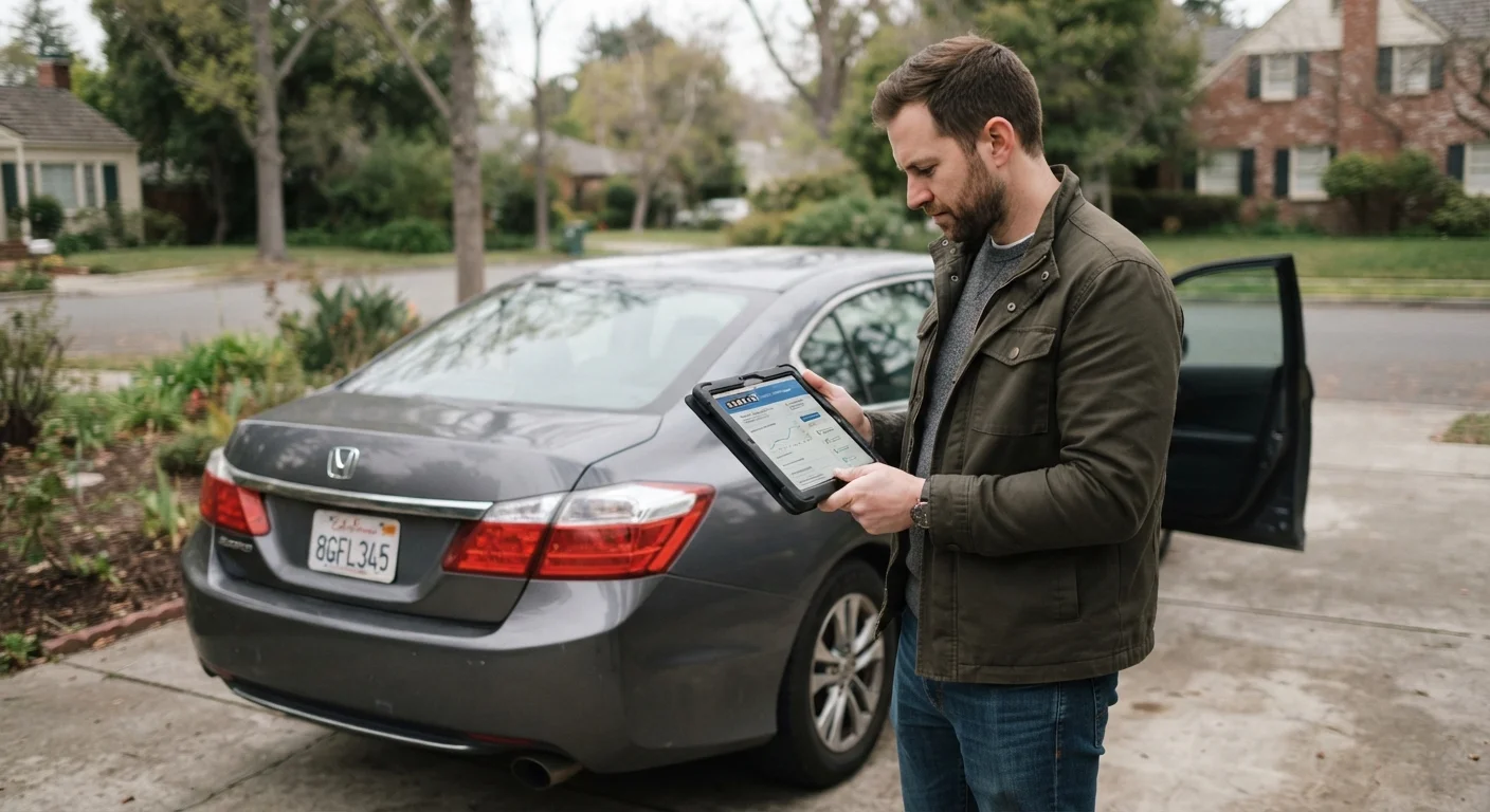 A buyer reviewing a vehicle history report on a tablet next to a used car in a driveway.