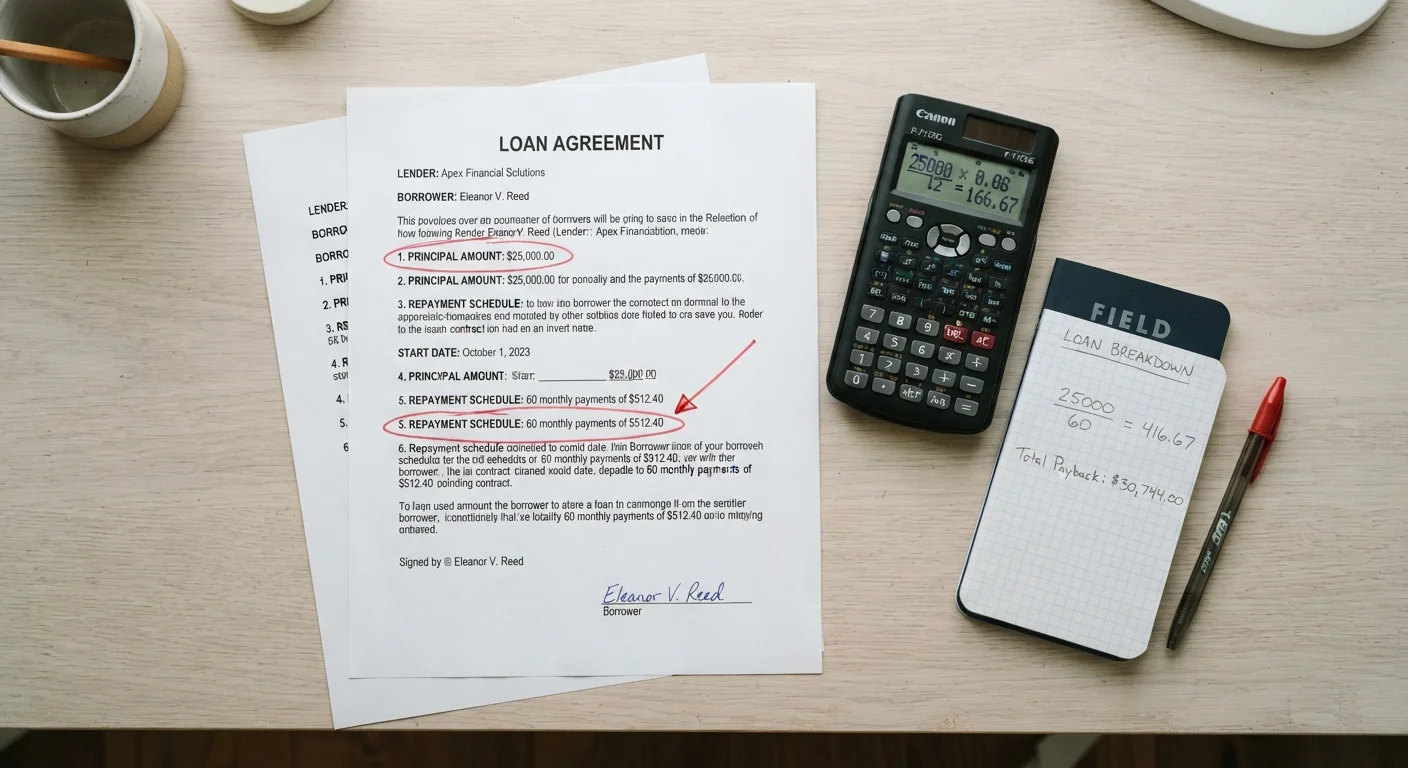 Auto loan contract with sections highlighted and a calculator placed beside it on a desk