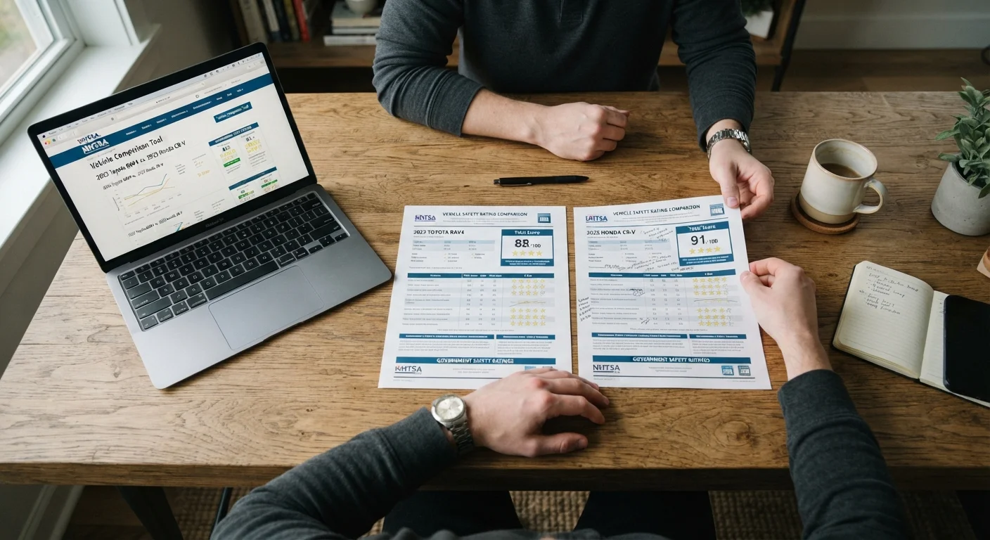 Person comparing two printed vehicle safety rating sheets at a desk with a laptop nearby