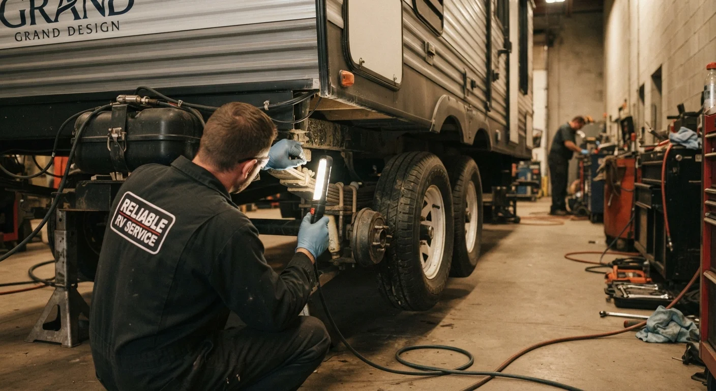 An RV technician inspecting the undercarriage of a travel trailer in a service bay