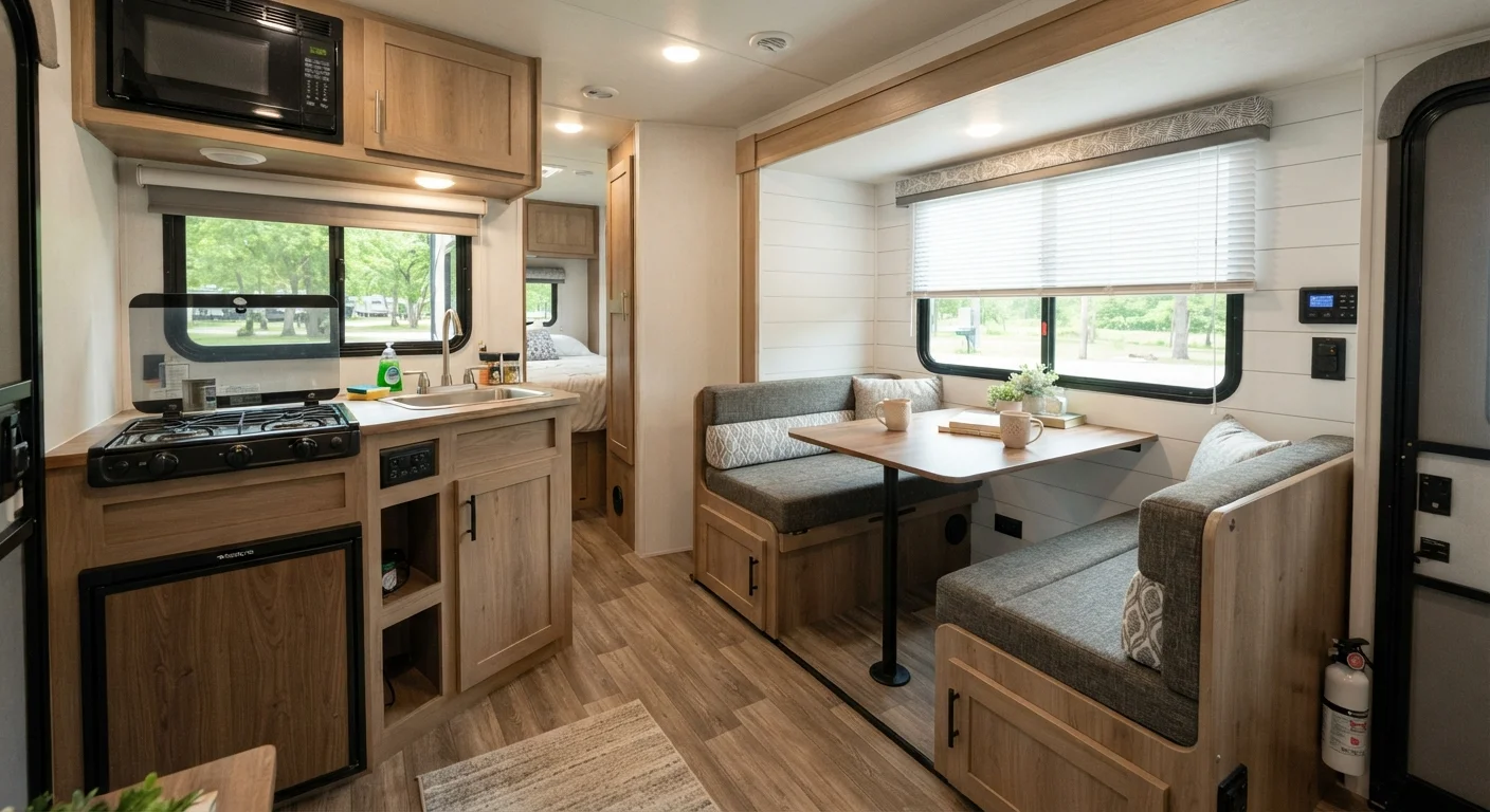 Inside a travel trailer showing a compact kitchen counter, dinette table, and large windows