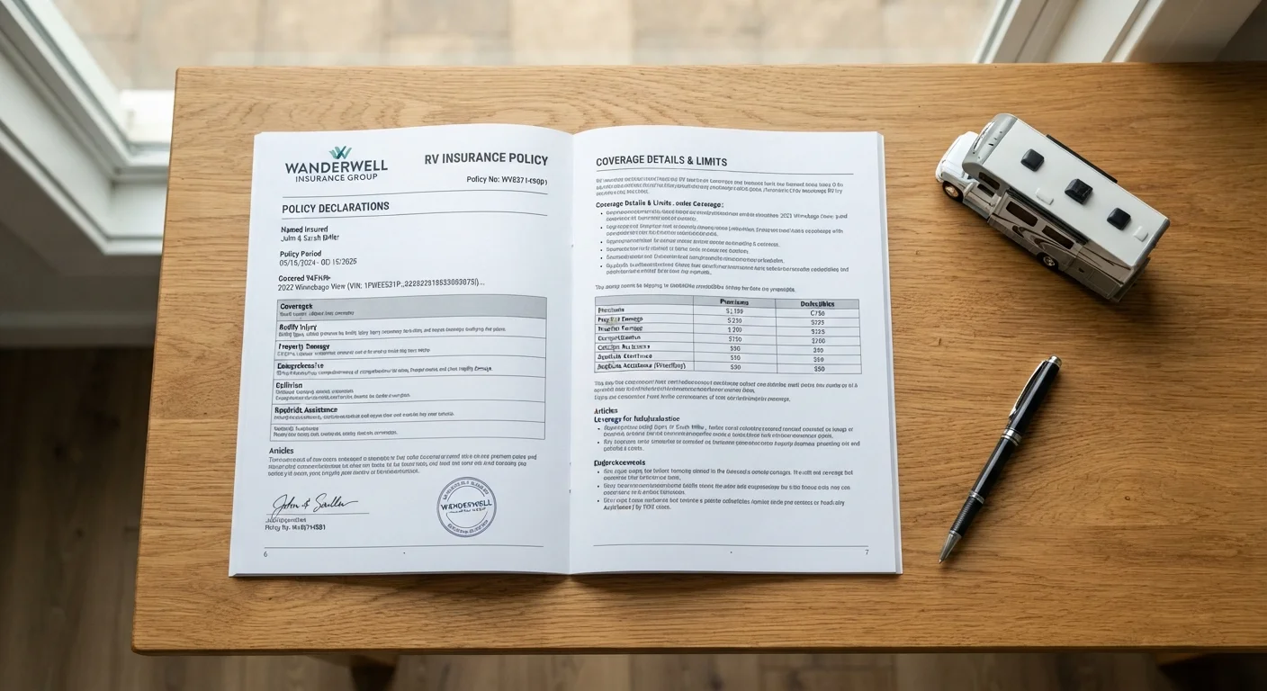 An insurance document, a miniature RV model, and a pen arranged on a wooden table