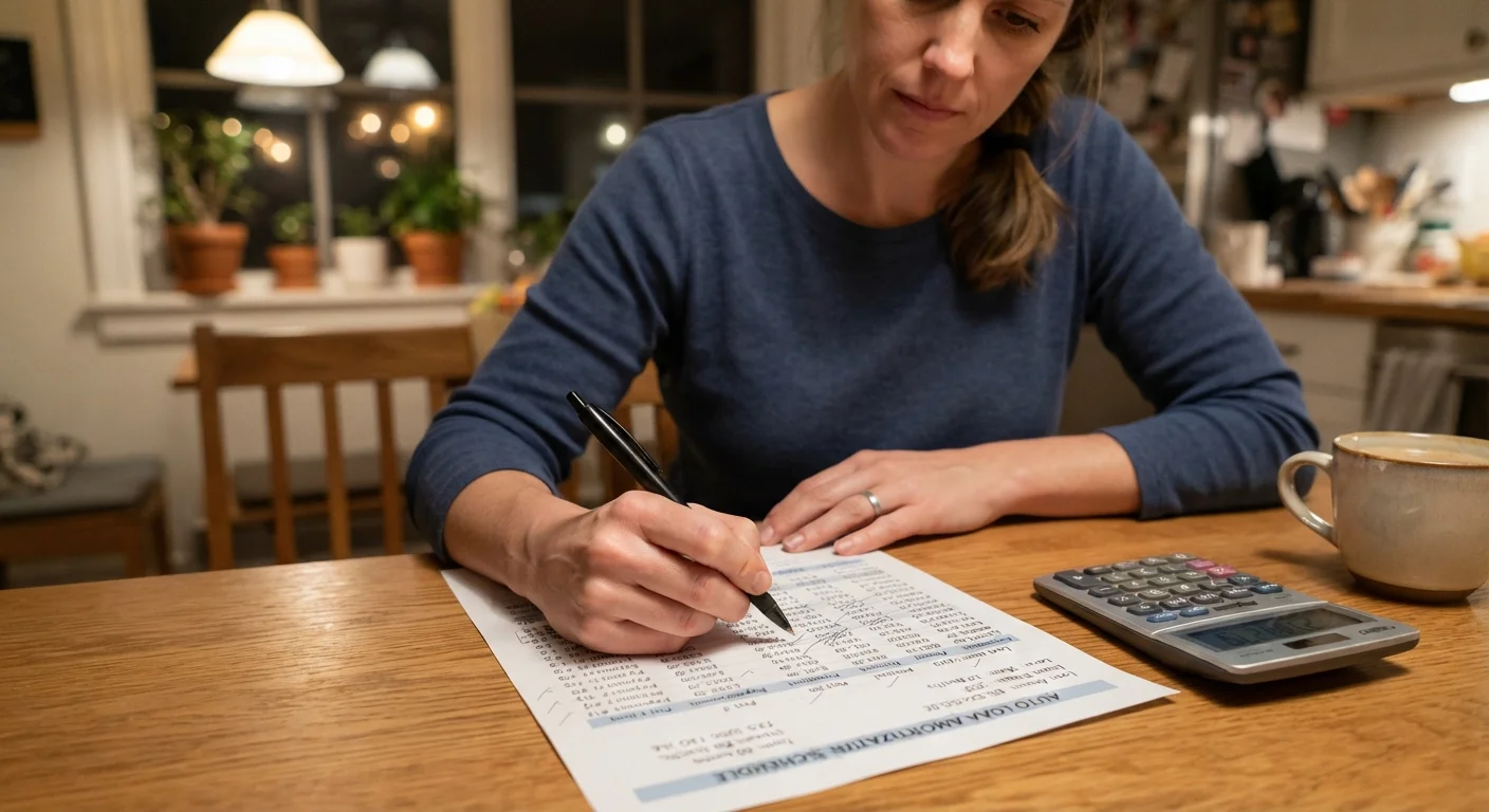 Person reviewing an auto loan amortization schedule with a calculator and pen at a table