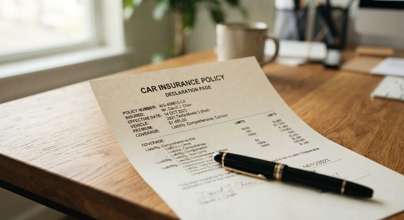 Auto insurance policy document with a pen resting on top, placed on a wooden desk in natural light