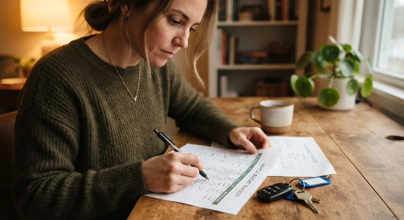 Person reviewing a vehicle ownership budget spreadsheet with car keys on the desk