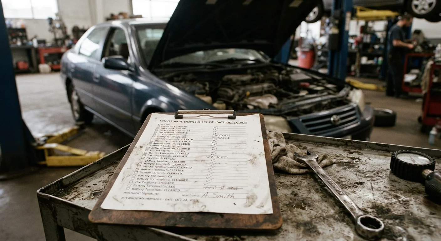 Vehicle maintenance checklist on a clipboard next to a wrench beside an open car hood