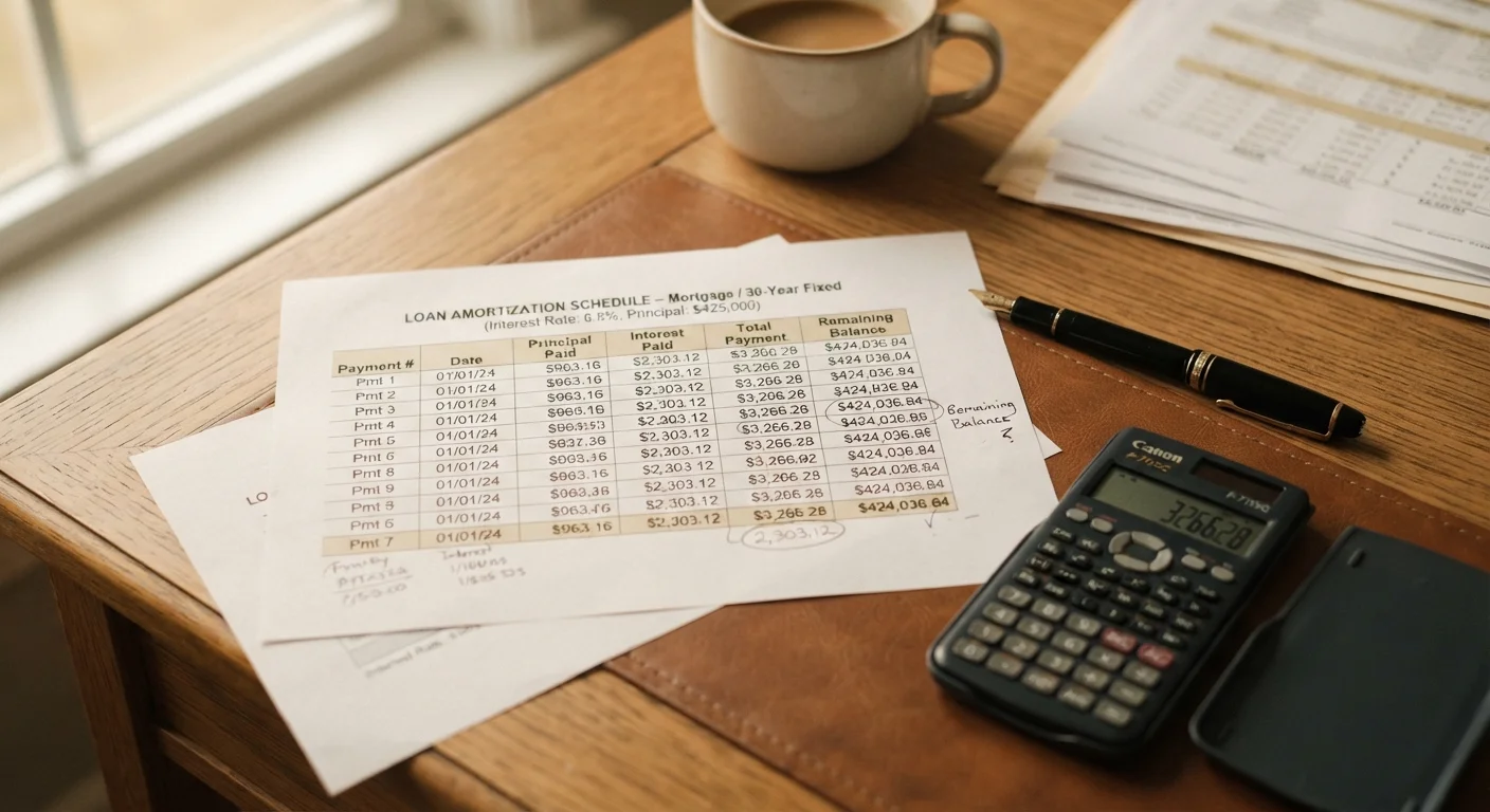 Loan amortization table with calculator and pen on a desk showing monthly payment breakdown