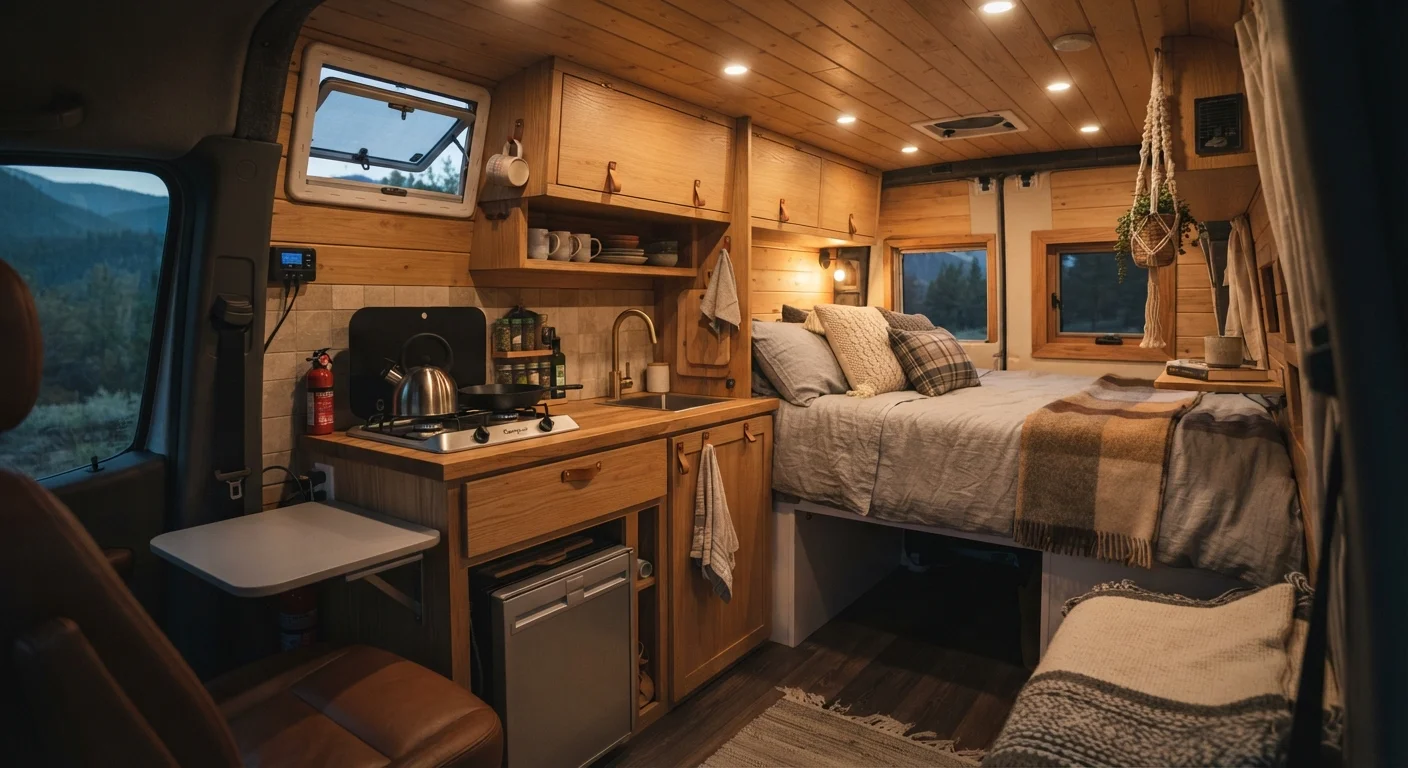 Interior of a converted camper van with a sleeping platform, small kitchen, and wood cabinetry
