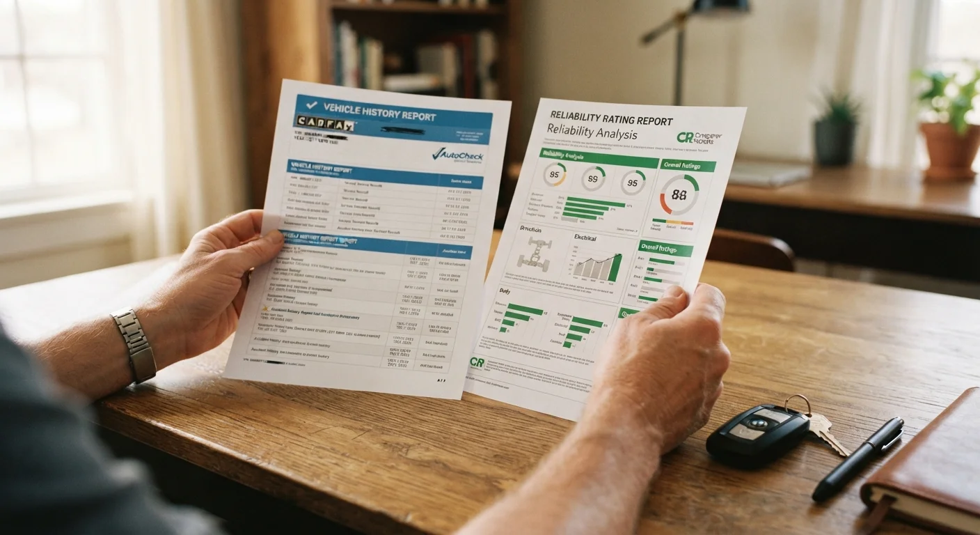 Person reviewing a printed vehicle reliability report and history report at a desk with car keys nearby