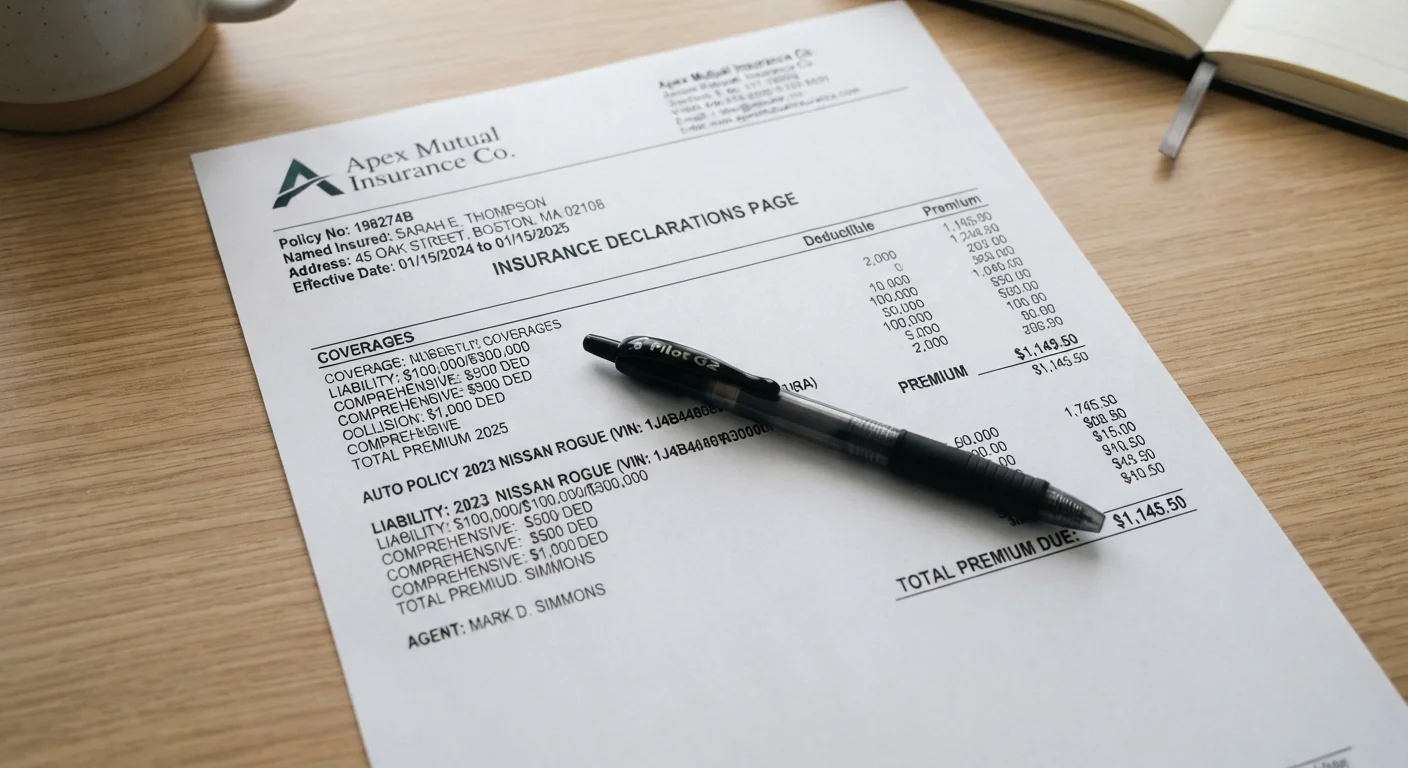 A printed auto insurance declarations page showing coverage types and premium amounts