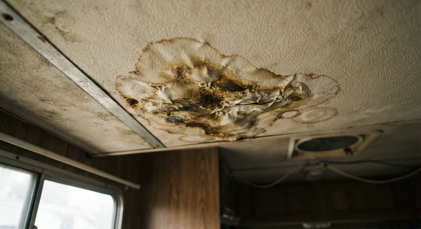 Water stain and bubbling laminate on the ceiling panel inside a used RV interior